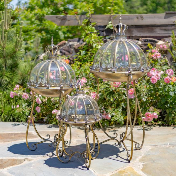 Set of 3 Glass Dome Terrariums with Iron Stand in Frosted Gold/Silver "Marseilles 1792"