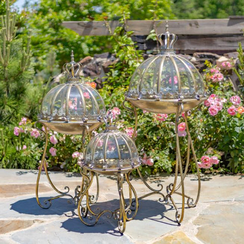 Set of 3 Glass Dome Terrariums with Iron Stand in Frosted Gold/Silver "Marseilles 1792"