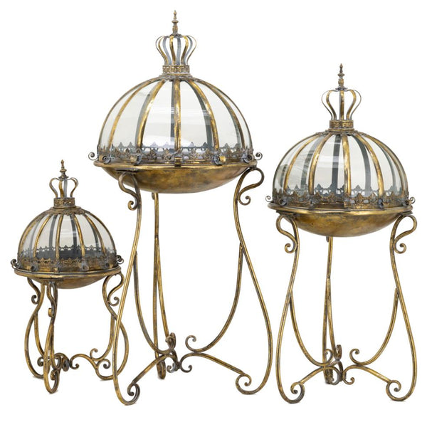 Set of 3 Glass Dome Terrariums with Iron Stand in Frosted Gold/Silver "Marseilles 1792"