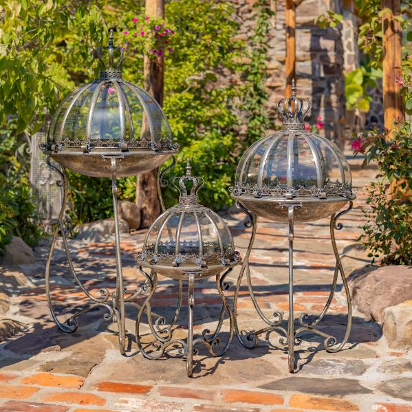 Set of 3 Glass Dome Terrariums with Iron Stand in Frosted Gold/Silver "Marseilles 1792"
