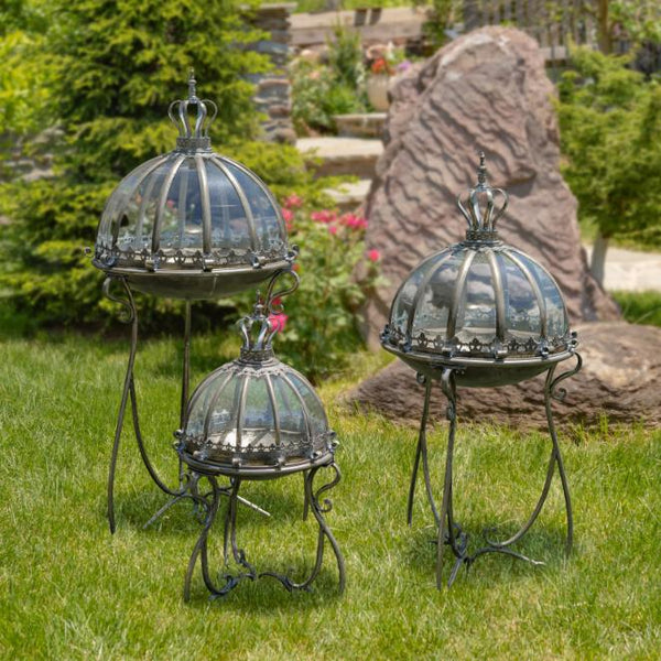 Set of 3 Glass Dome Terrariums with Iron Stand in Frosted Gold/Silver "Marseilles 1792"