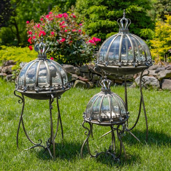 Set of 3 Glass Dome Terrariums with Iron Stand in Frosted Gold/Silver "Marseilles 1792"