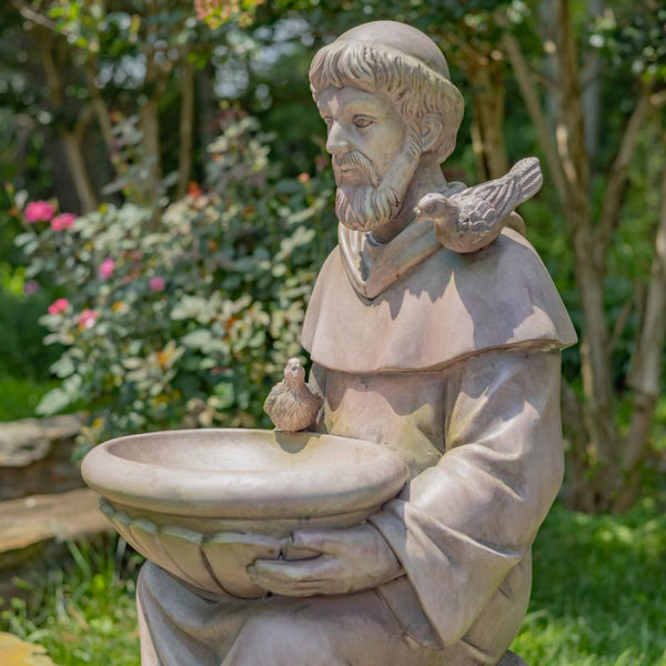 Sitting/Standing "Saint Francis" Statue & Birdbath in Antique Grey
