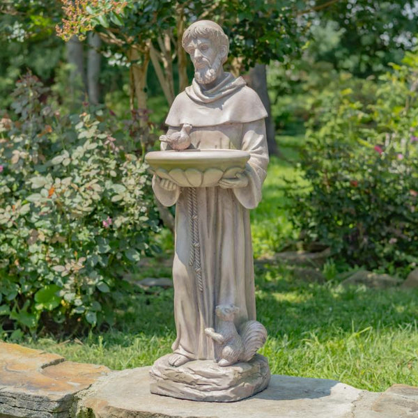 Sitting/Standing "Saint Francis" Statue & Birdbath in Antique Grey