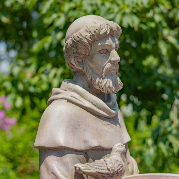 Sitting/Standing "Saint Francis" Statue & Birdbath in Antique Grey