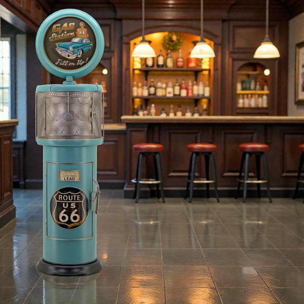 Old Style Gas-Pump-Shaped Wine Rack in Blue-Green "Route 66" 69.5" Tall