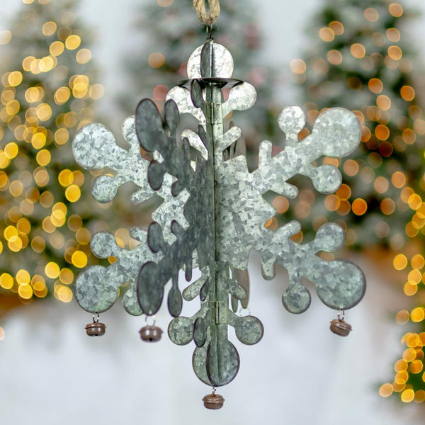 Folding Snowflakes with Bells (Set of 6) Hanging Galvanized Metal