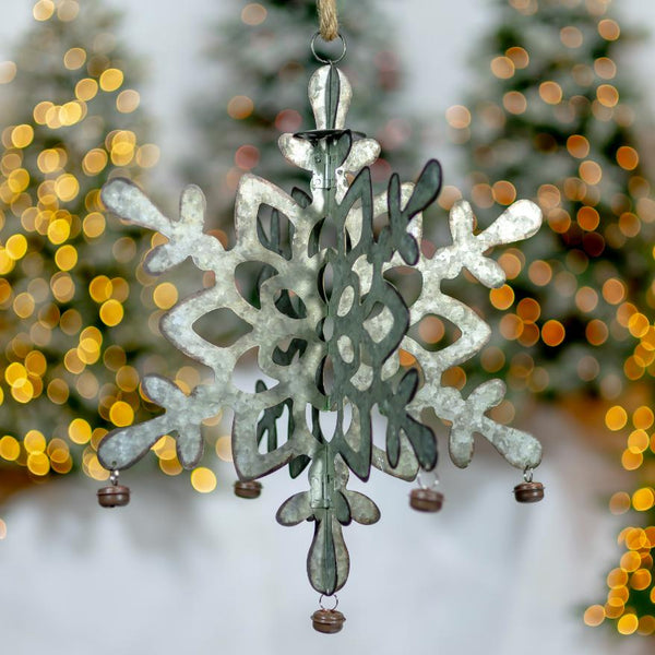 Folding Snowflakes with Bells (Set of 6) Hanging Galvanized Metal