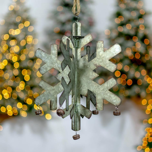 Folding Snowflakes with Bells (Set of 6) Hanging Galvanized Metal