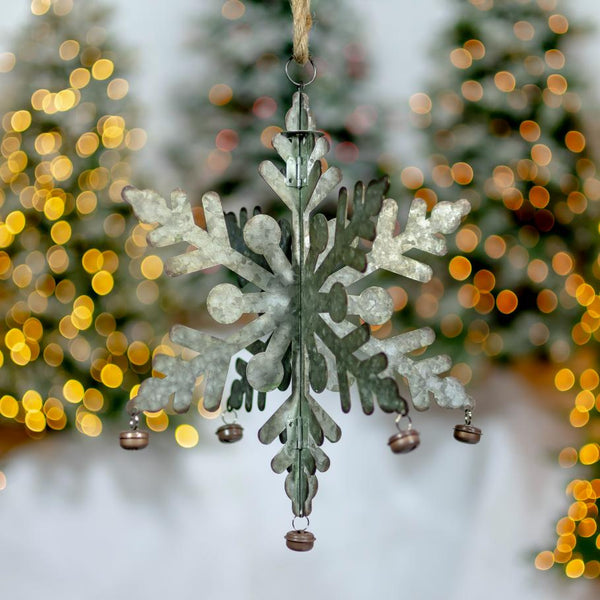 Folding Snowflakes with Bells (Set of 6) Hanging Galvanized Metal