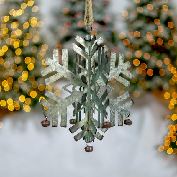 Folding Snowflakes with Bells (Set of 6) Hanging Galvanized Metal