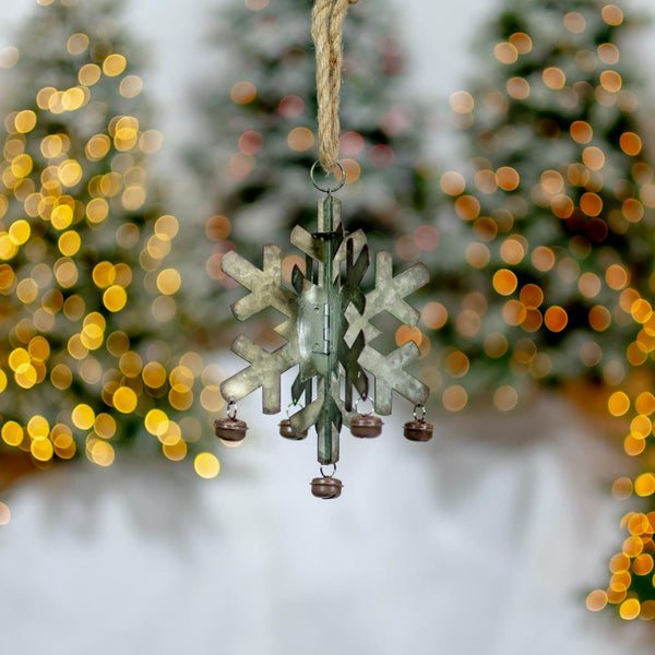 Folding Snowflakes with Bells (Set of 6) Hanging Galvanized Metal