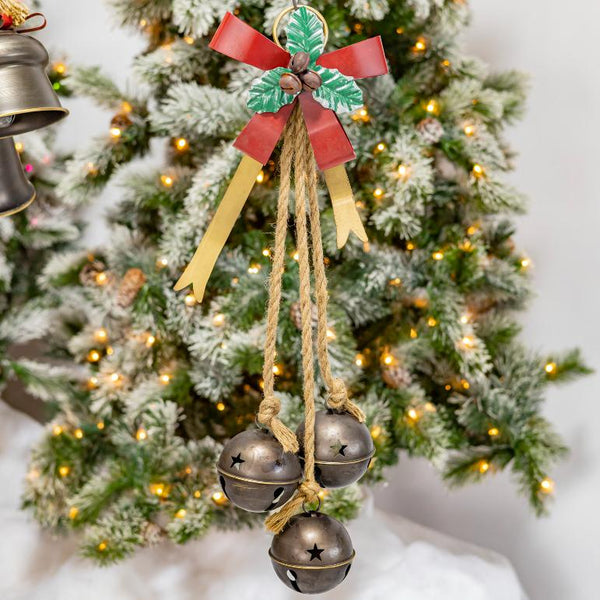 Set of 6 Old World Galvanized Metal Christmas Bells with Bows