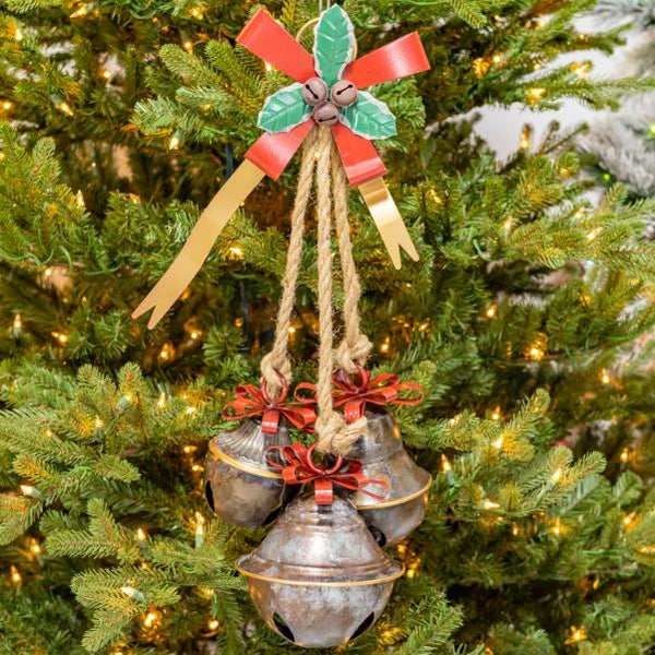 Set of 6 Old World Galvanized Metal Christmas Bells with Bows