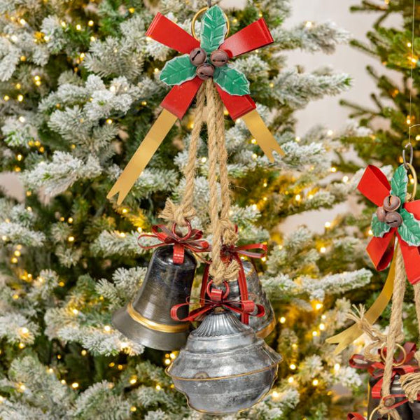 Set of 6 Old World Galvanized Metal Christmas Bells with Bows