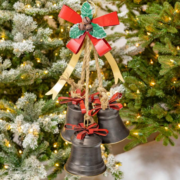 Set of 6 Old World Galvanized Metal Christmas Bells with Bows