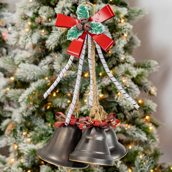 Set of 6 Old World Galvanized Metal Christmas Bells with Bows