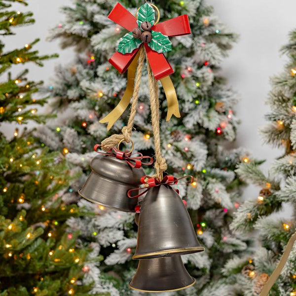Set of 6 Old World Galvanized Metal Christmas Bells with Bows