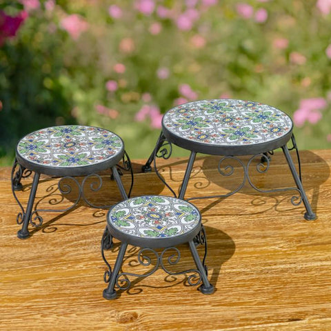 Set of 3 Assorted Mosaic Top Plant Riser Stands in Green/Blue/Yellow "Santarosa"