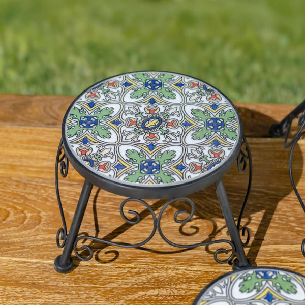 Set of 3 Assorted Mosaic Top Plant Riser Stands in Green/Blue/Yellow "Santarosa"