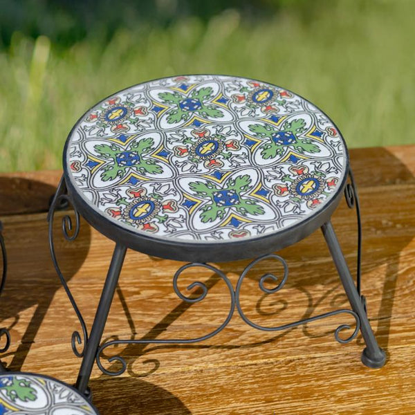 Set of 3 Assorted Mosaic Top Plant Riser Stands in Green/Blue/Yellow "Santarosa"