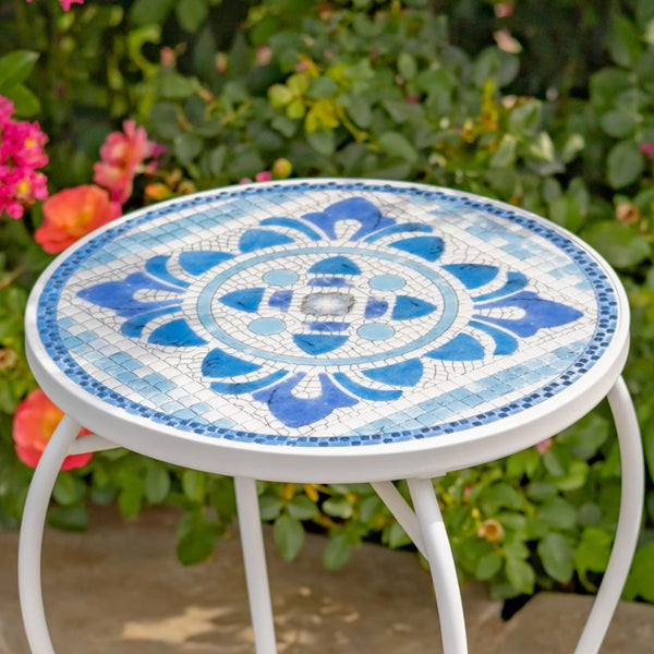 "Cape May" Mosaic Plant Stand and Bench - White & Blue