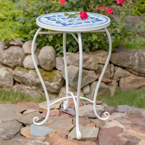 "Cape May" Mosaic Plant Stand and Bench - White & Blue