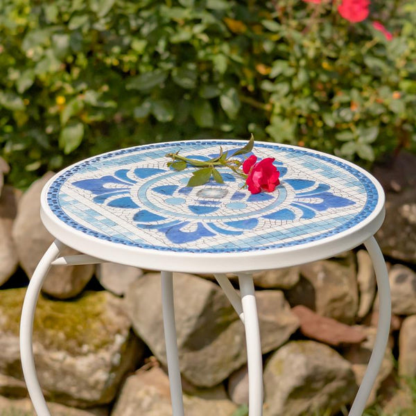 "Cape May" Mosaic Plant Stand and Bench - White & Blue