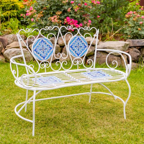 "Cape May" Mosaic Plant Stand and Bench - White & Blue