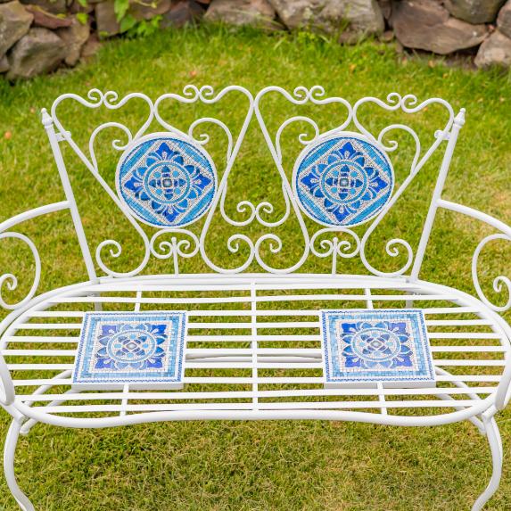 "Cape May" Mosaic Plant Stand and Bench - White & Blue