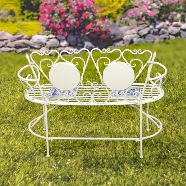 "Cape May" Mosaic Plant Stand and Bench - White & Blue