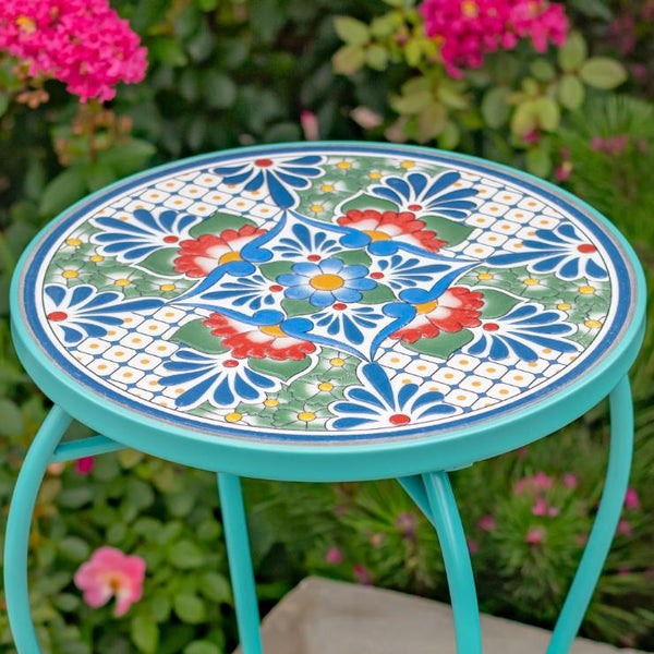 "Baton Rouge" 22in. Tall Mosaic Pedestal Plant Stand - Blue, Green & Red