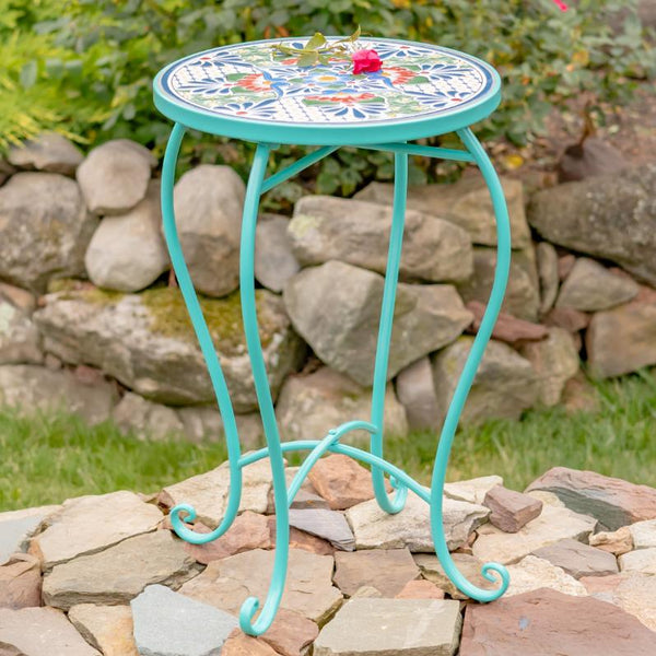 "Baton Rouge" 22in. Tall Mosaic Pedestal Plant Stand - Blue, Green & Red