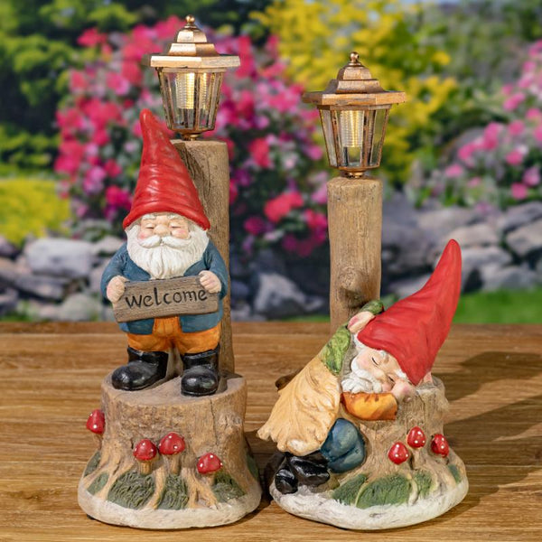 Set of 2 Assorted Sleepy Woodland Gnomes Solar LED Lanterns "Gnorman & Gnolan"
