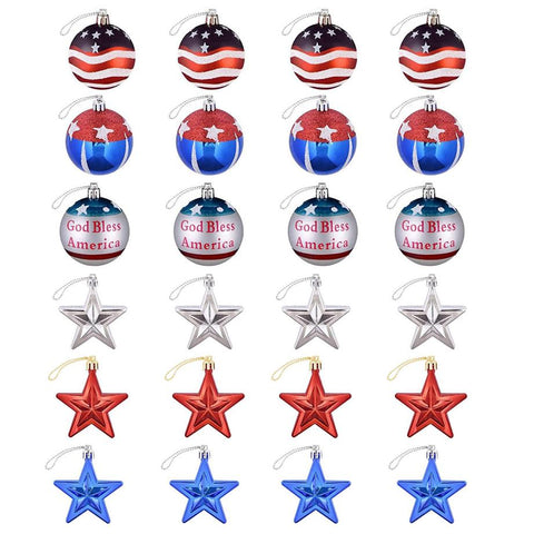 24Pc Set USA Hanging Ball Ornaments Star Patriotic Party Decor Independence Day 4th of July Red White Blue
