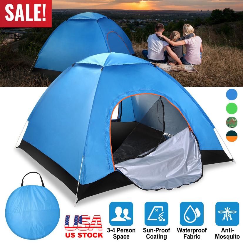4 man waterproof tent Pop-up Tent for 3-4 People with 2 Net Doors and Carrying Bag Orange