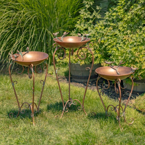 Kateryna Set of 3 Antique Copper Birdbaths with Ornate Stands