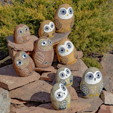 Set of 3 Solar Rock Owls with Light Up Eyes