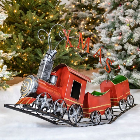Metal Christmas Train with 2 Carts on Track X-M-A-S