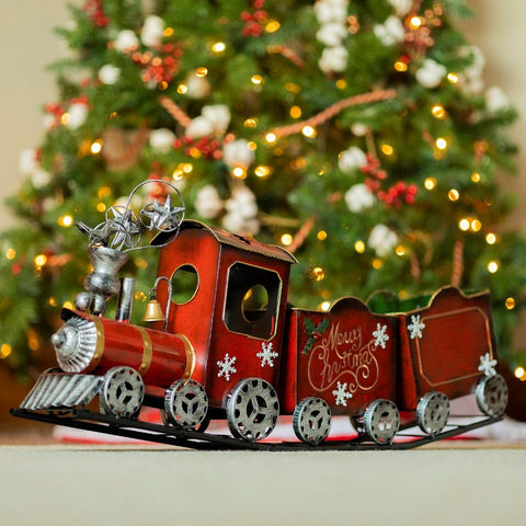 Antique Red Iron Christmas Train with Snowflakes