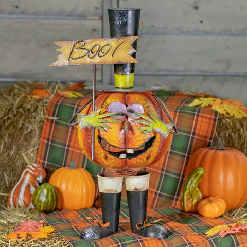 Jack-O-Lantern Figurine "Boo" with Top Hat Outdoor Candle Holder