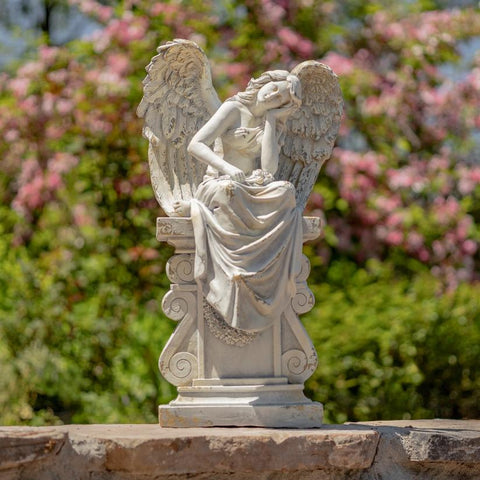 Angel Statue Sitting on Pillar "Nicole Alyse" 30.7" Tall Magnesium