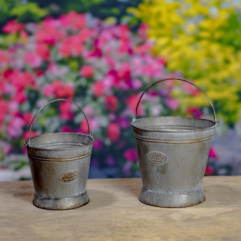 Set of 2 Galvanized Round Iron Planters with Moving Handles in Antique Grey