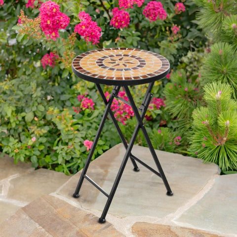 "Montezuma" 23in. Tall Mosaic Folding Plant Stand - Brown & Tan Stone