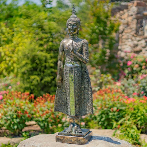 Frosted Silver Standing Polyresin Buddha Statue 37.8" Tall