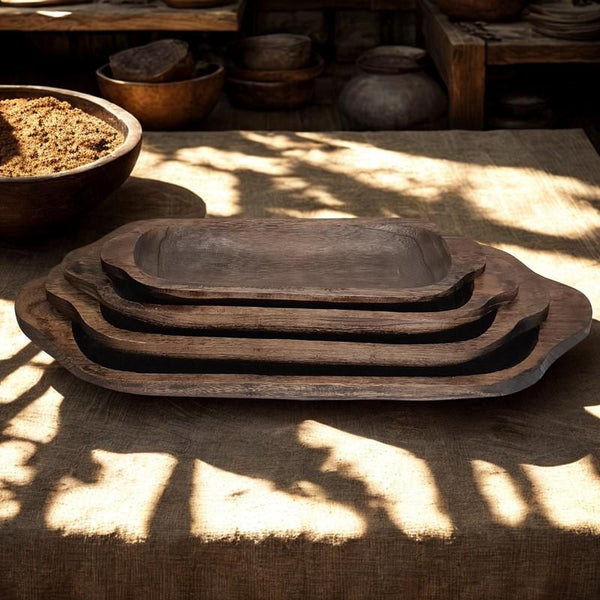 Set of 4 Assorted Rectangular Wooden Serving Trays Bowls