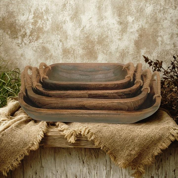 Set of 4 Assorted Rectangular Wooden Serving Trays Bowls