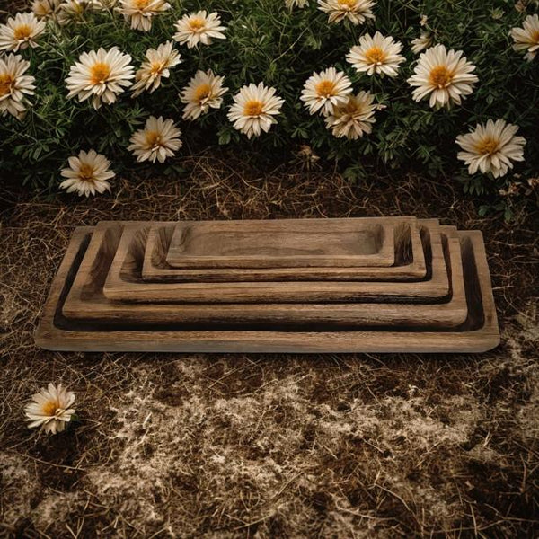 Set Assorted Rectangular Wooden Serving Trays & Bowls