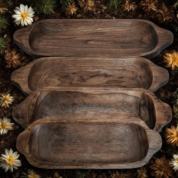 Set of 4 Assorted Rectangular Wooden Serving Trays Bowls