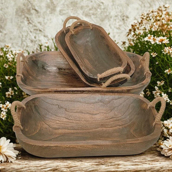 Set of 4 Assorted Rectangular Wooden Serving Trays Bowls